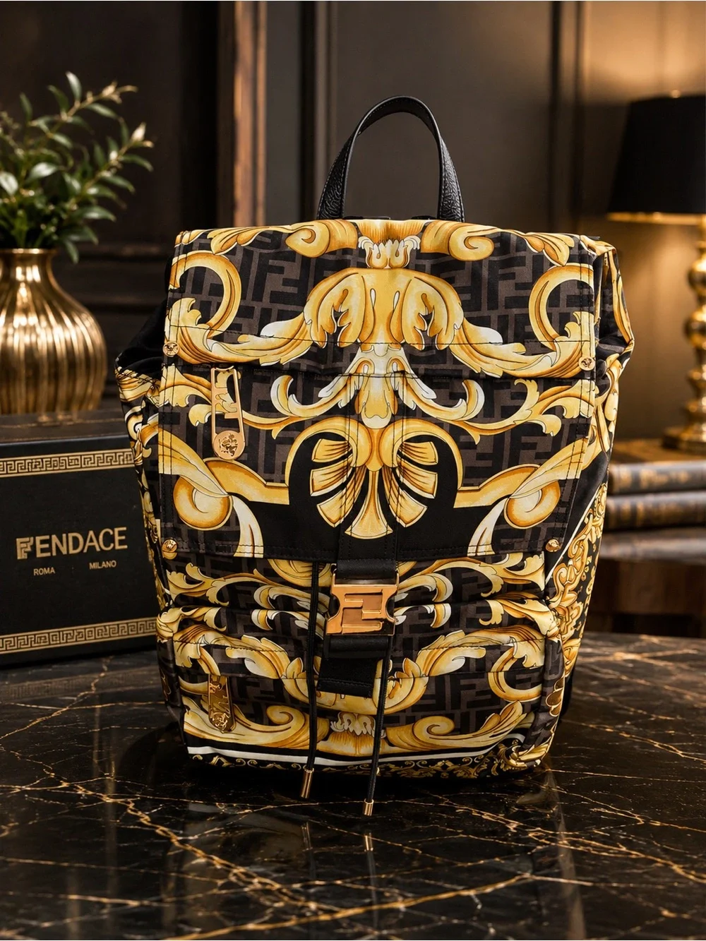 FENDACE Fendi x Versace Black & Gold Baroque Backpack New with COA and Dustbag